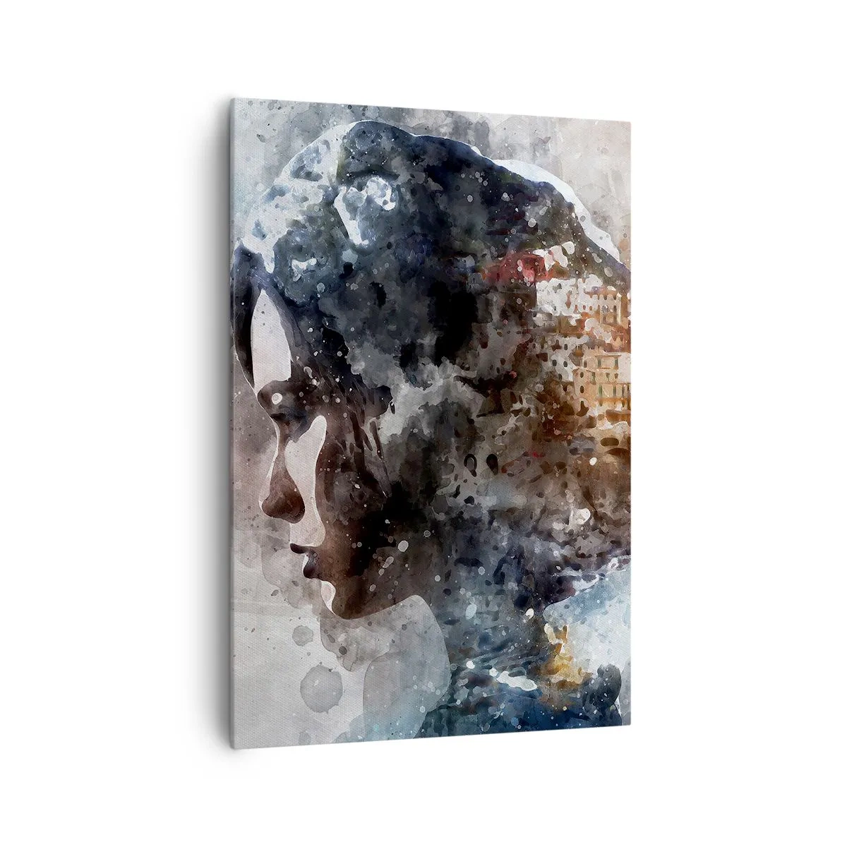 Lærredstryk - Billede på lærred - Historien om en pige med en by i baggrunden - 70x100 cm