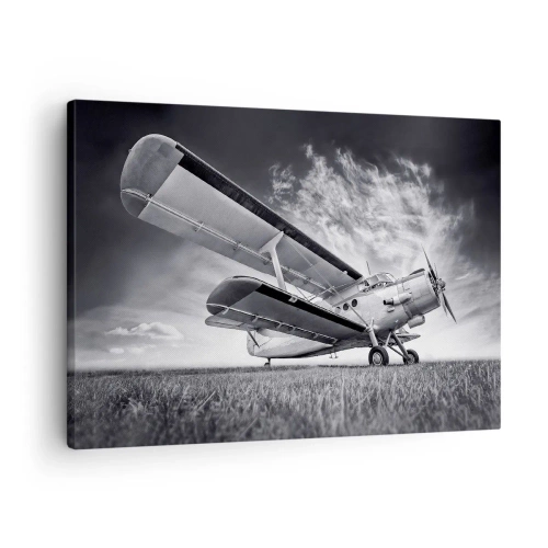 Lærredstryk - Billede på lærred - Et fly mod en dramatisk himmel i sort-hvid - 70x50cm - Den bevingede vandringsmand - Moderne vægdekoration til stue og soveværelse ARTTOR