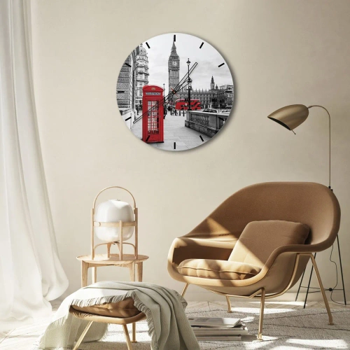 Vægur, Uret - Big Ben og en rød telefonboks med London som baggrund - 30x30cm - Uden tvivl, London - Moderne vægdekoration til stue, køkken og soveværelse ARTTOR