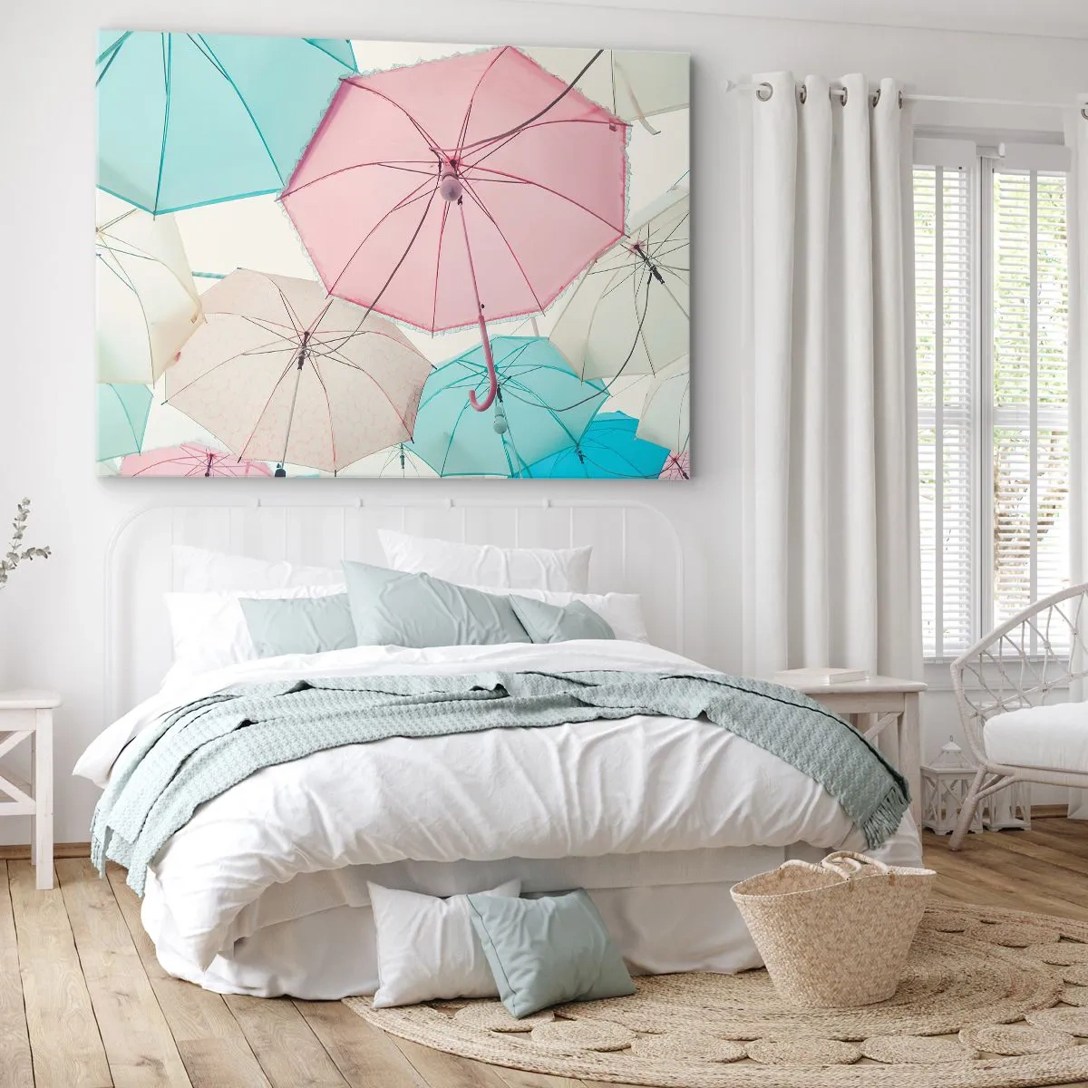 Lærredstryk - Billede på lærred - Pastelfarvede paraplyer mod en lys himmel - 70x50cm - Nogle gange solskin, andre gange regn - Moderne vægdekoration til stue og soveværelse ARTTOR