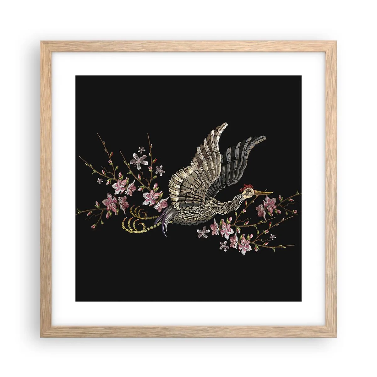 Plakat i ramme af lyst egetræ - Eksotisk broderet fugl - 40x40 cm