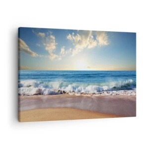 Lærredstryk - Billede på lærred - En solrig strand med bølger, der slår mod kysten - 70x50cm - Bevægelse og stilhed på samme tid - Moderne vægdekoration til stue og soveværelse ARTTOR