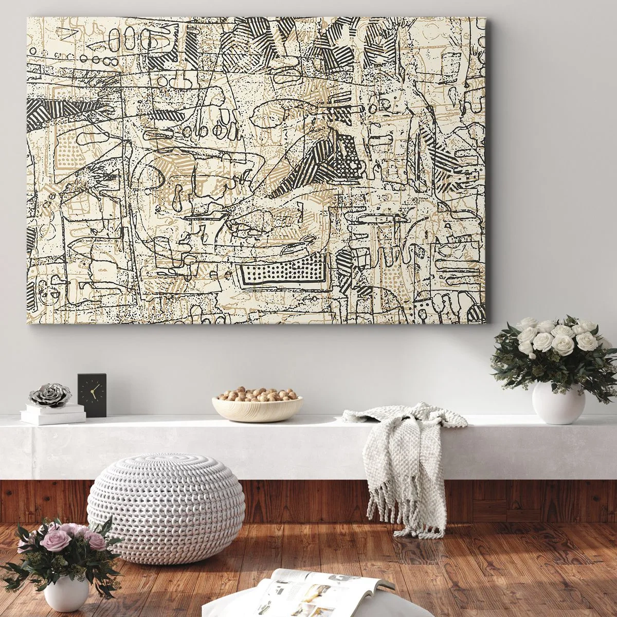 Lærredstryk - Billede på lærred - Abstrakte mønstre og linjer på en beige baggrund - 70x50cm - Venter på at blive afkodet - Moderne vægdekoration til stue og soveværelse ARTTOR