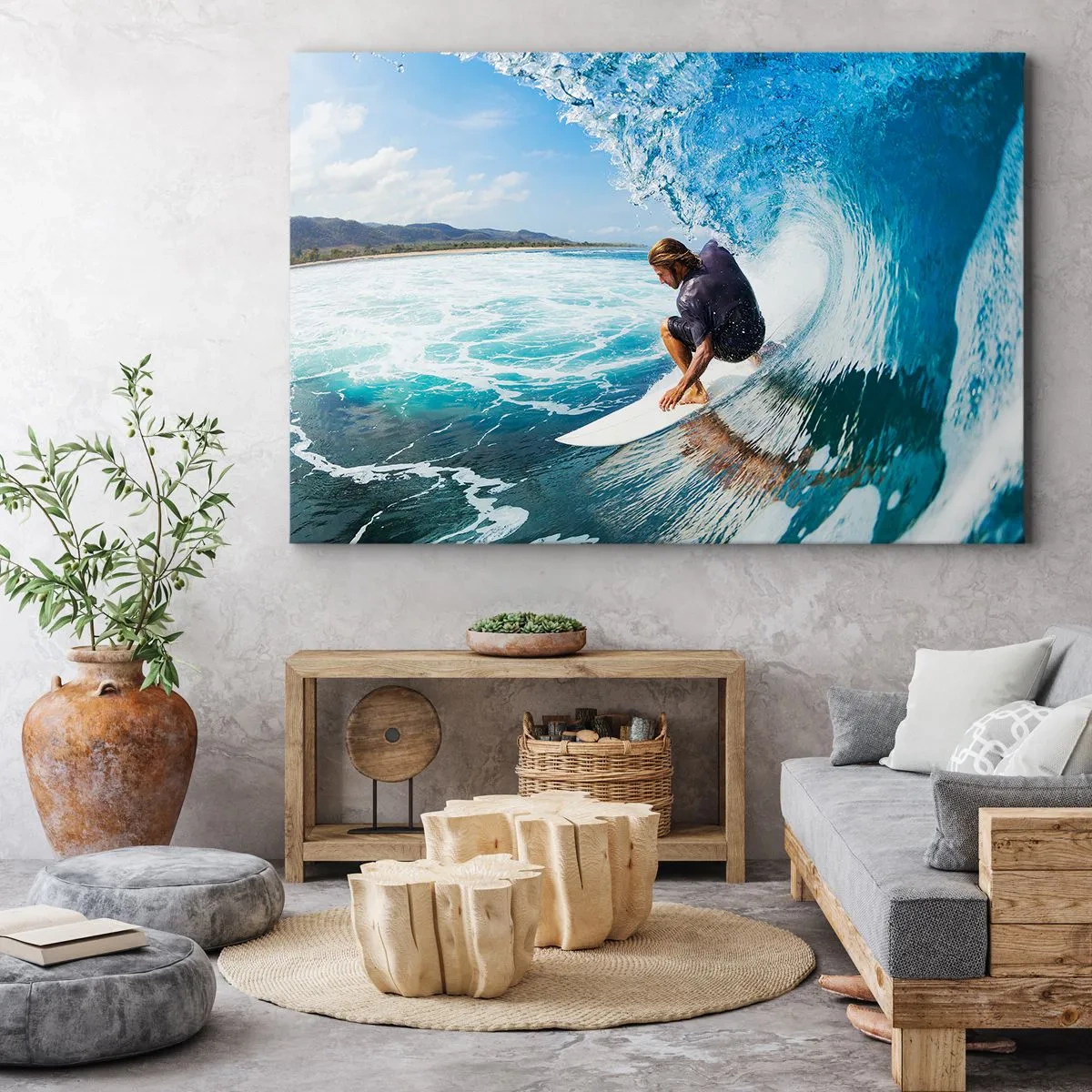 Lærredstryk - Billede på lærred - En surfer i en dynamisk positur på en bølge i turkisblåt vand. - 70x50cm - Danser med bølgerne - Moderne vægdekoration til stue og soveværelse ARTTOR
