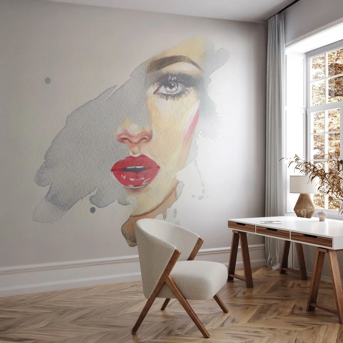 Fototapet Selvklæbende Deluxe Sticker - Refleksion i en vanddråbe - Kvindens ansigt, Kvinde, røde læber - 250x175 cm