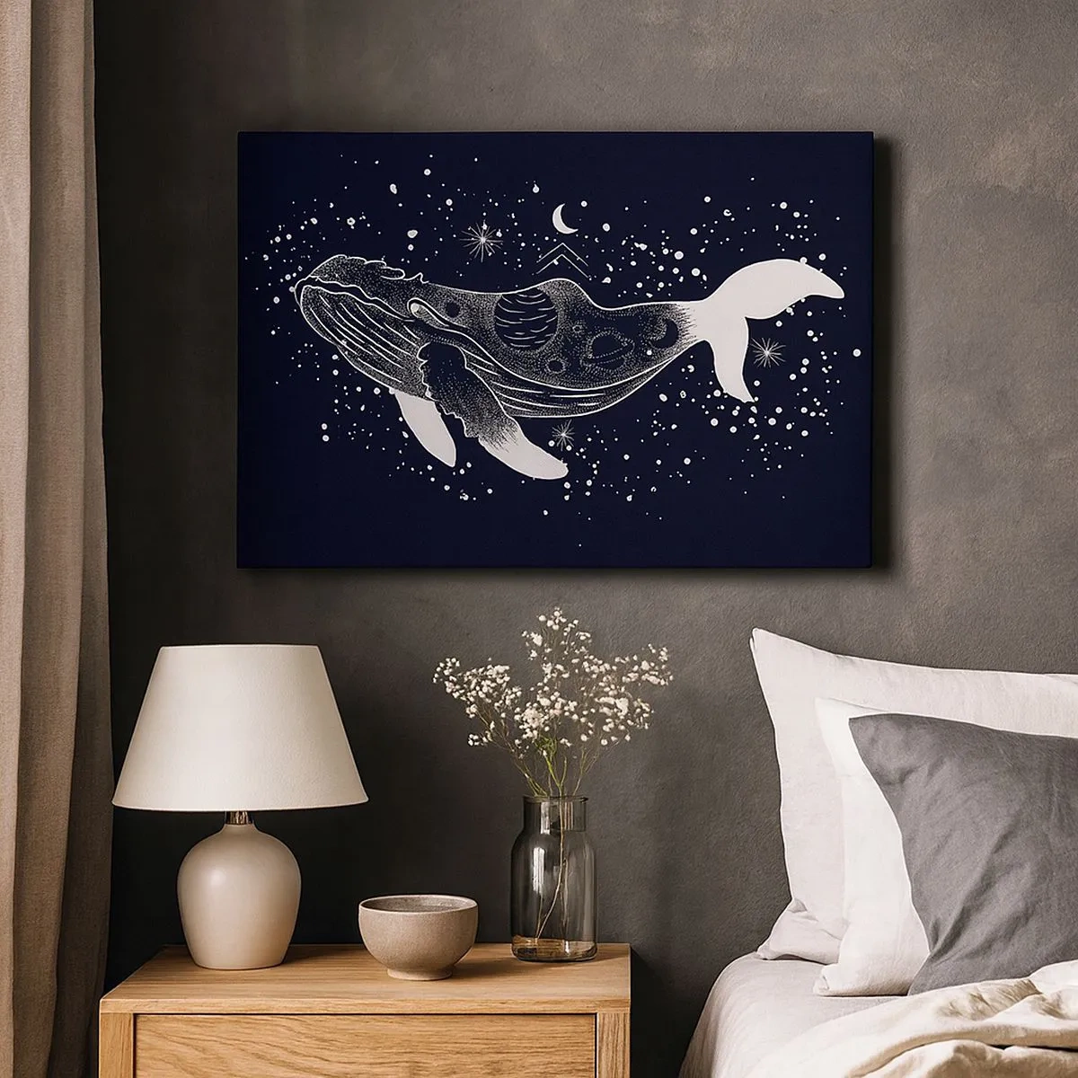 Lærredstryk - Billede på lærred - En grafisk illustration af en hval i rumalderstil. - 70x50cm - I universets ocean - Moderne vægdekoration til stue og soveværelse ARTTOR