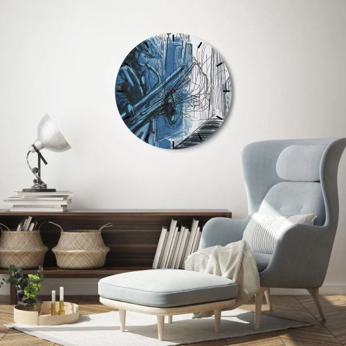 Vægur, Uret - En jazzmusiker i en kunstnerisk fortolkning - 30x30cm - Byens rapsodi - Moderne vægdekoration til stue, køkken og soveværelse ARTTOR