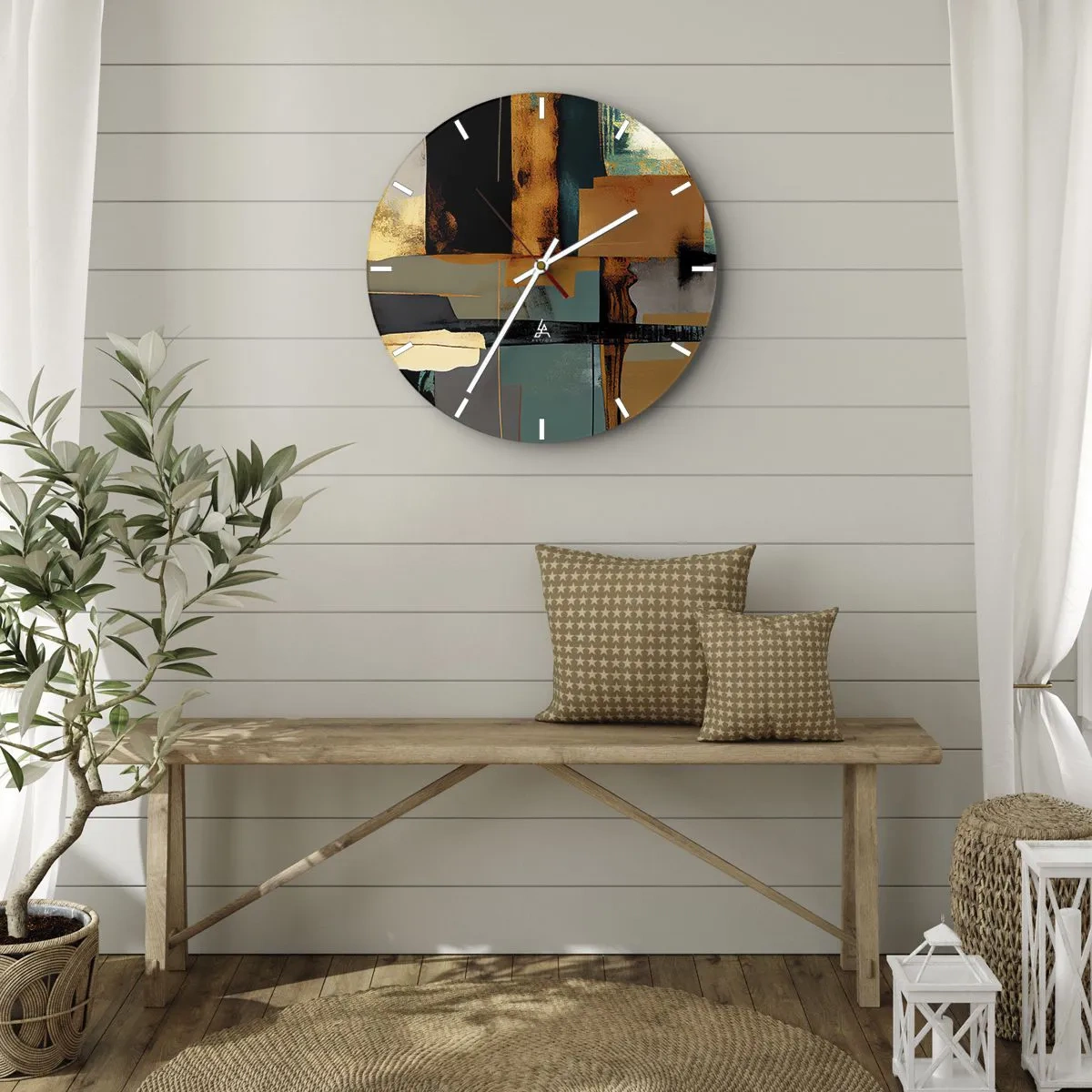 Vægur, Uret - Moderne abstraktion med kontrast af guld, sort og blå - 30x30cm - Abstraktion - lys og skygge - Moderne vægdekoration til stue, køkken og soveværelse ARTTOR