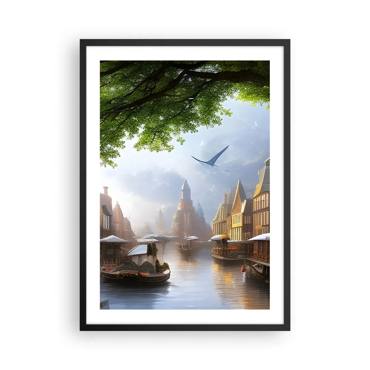 Plakat i sort ramme - Malerisk udsigt over kanalen med historisk arkitektur - 50x70cm - Hollandsk bybillede - Moderne vægdekoration til stue og soveværelse ARTTOR