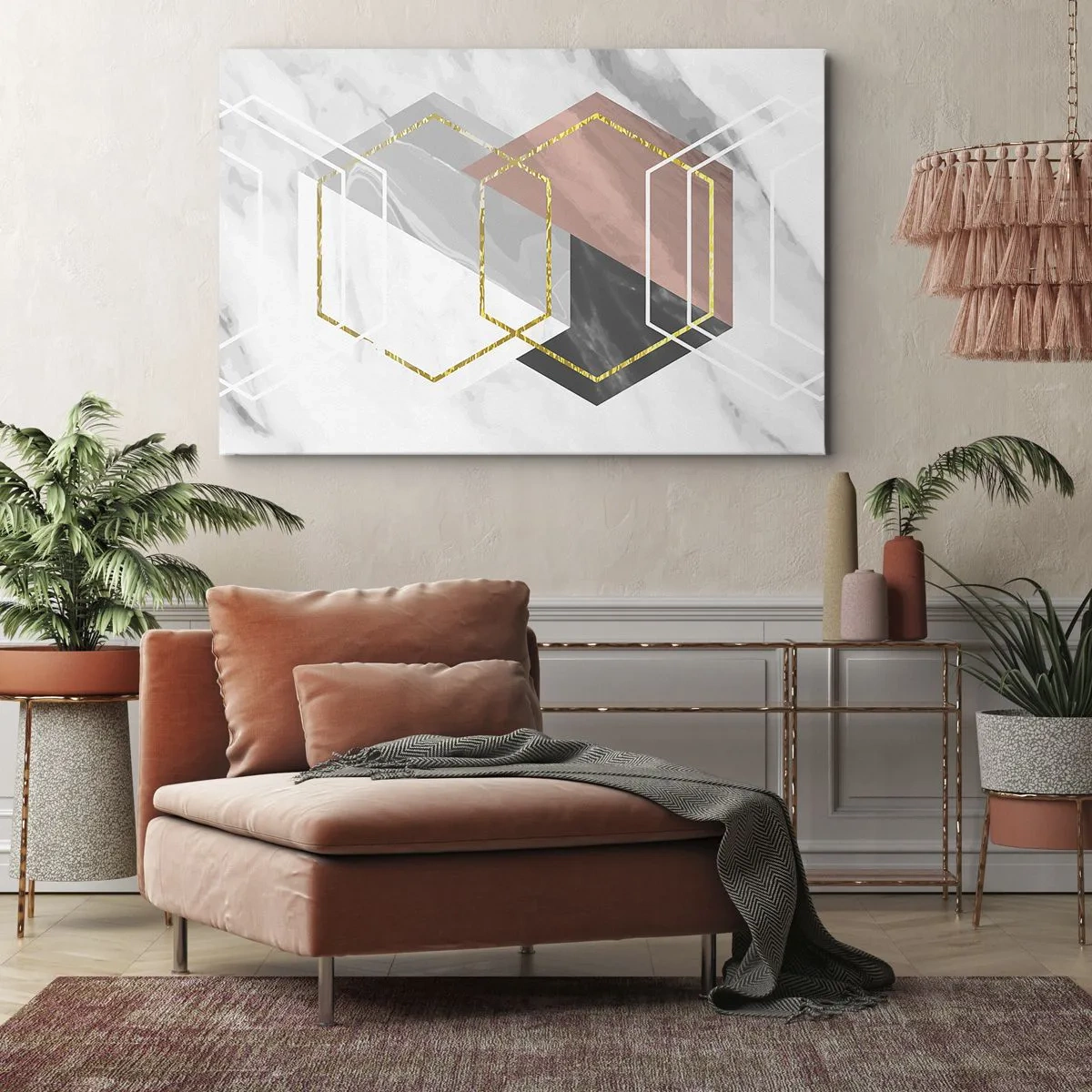 Lærredstryk - Billede på lærred - Geometriske figurer med guld- og marmordetaljer - 70x50cm - Kædesammensætning - Moderne vægdekoration til stue og soveværelse ARTTOR