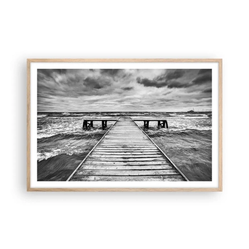 Plakat i ramme af lyst egetræ - Jeg venter på, at vinden blæser væk... - 91x61 cm