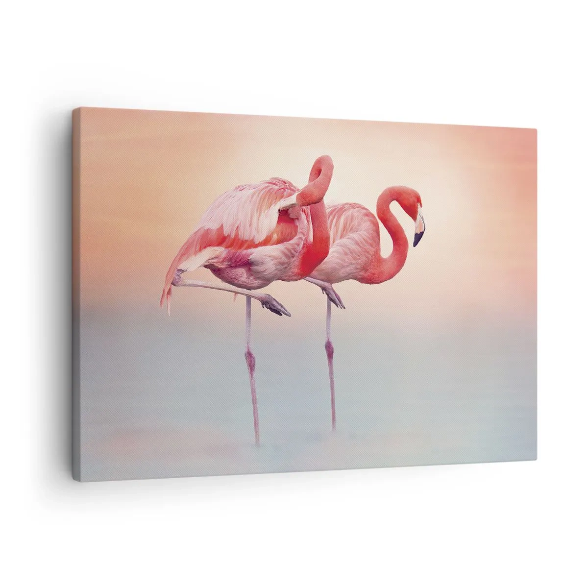 Lærredstryk - Billede på lærred - Flamingoer i sarte pastelfarver på en vandbaggrund - 70x50cm - I farven af den nedgående sol - Moderne vægdekoration til stue og soveværelse ARTTOR
