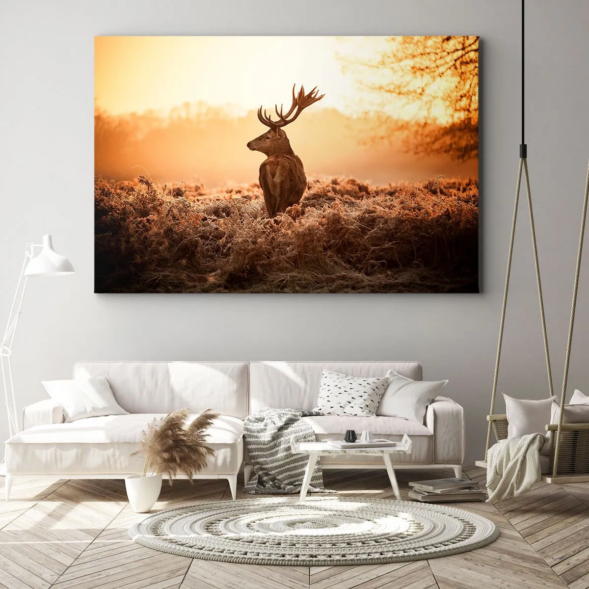 Lærredstryk - Billede på lærred - Hjorte i den opgående sols stråler - 70x50cm - Herre på godset - Moderne vægdekoration til stue og soveværelse ARTTOR