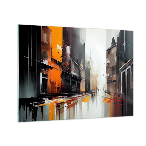 Billede på glas - En gade i regnvejr med høje bygninger i varme farver - 70x50cm - Regnfuld dag - Moderne vægdekoration til stue og soveværelse ARTTOR