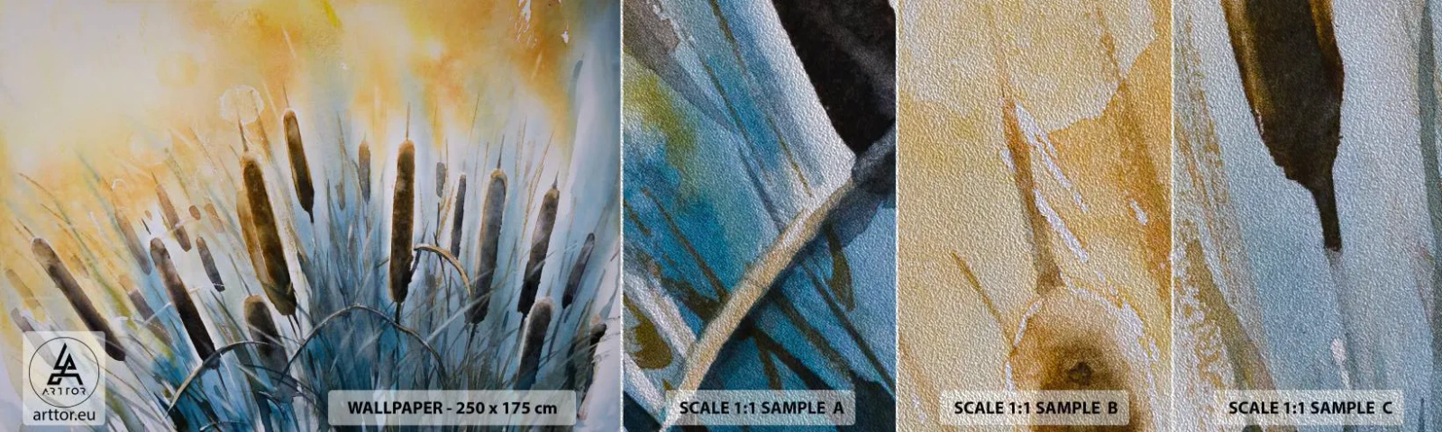 Prøve Fototapet Premium Sand - Vandets kulde, solens varme - Sukkerrør, Landskab, Blomster - 100x30 cm