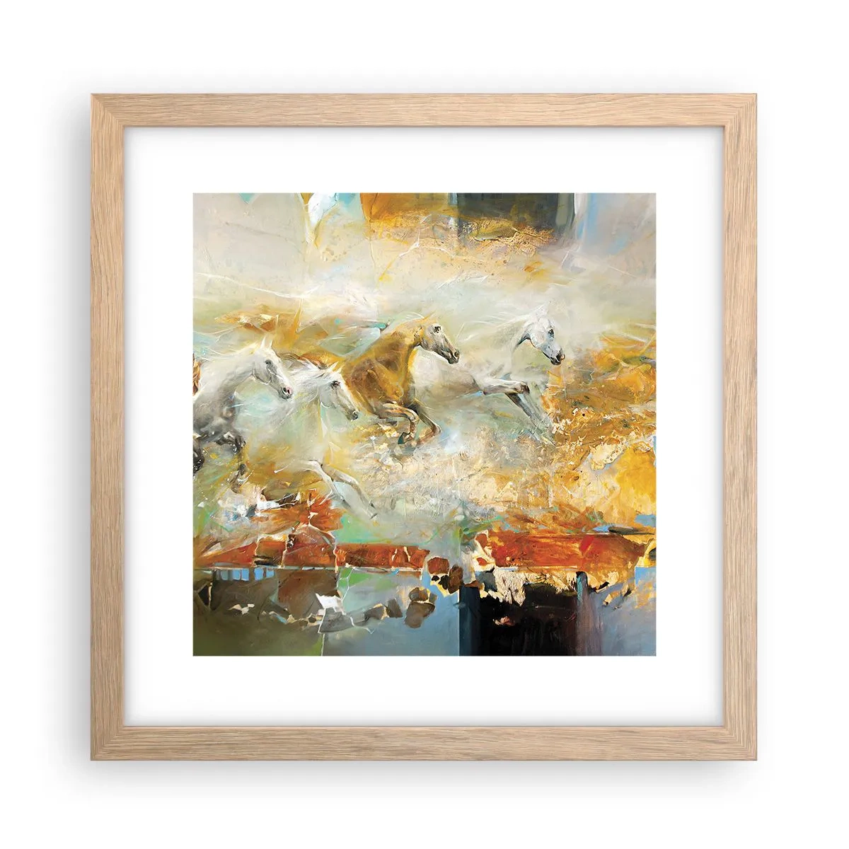 Plakat i ramme af lyst egetræ - Galopperer gennem lyset - 30x30 cm