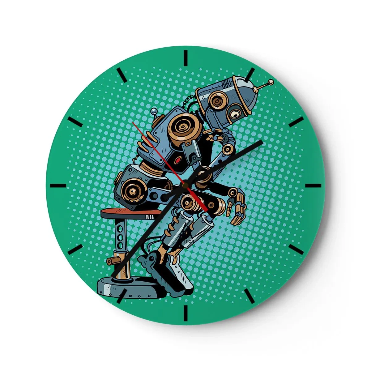 Vægur, Uret - En robot i en tænkerpositur mod en grøn baggrund - 30x30cm - Over essensen af