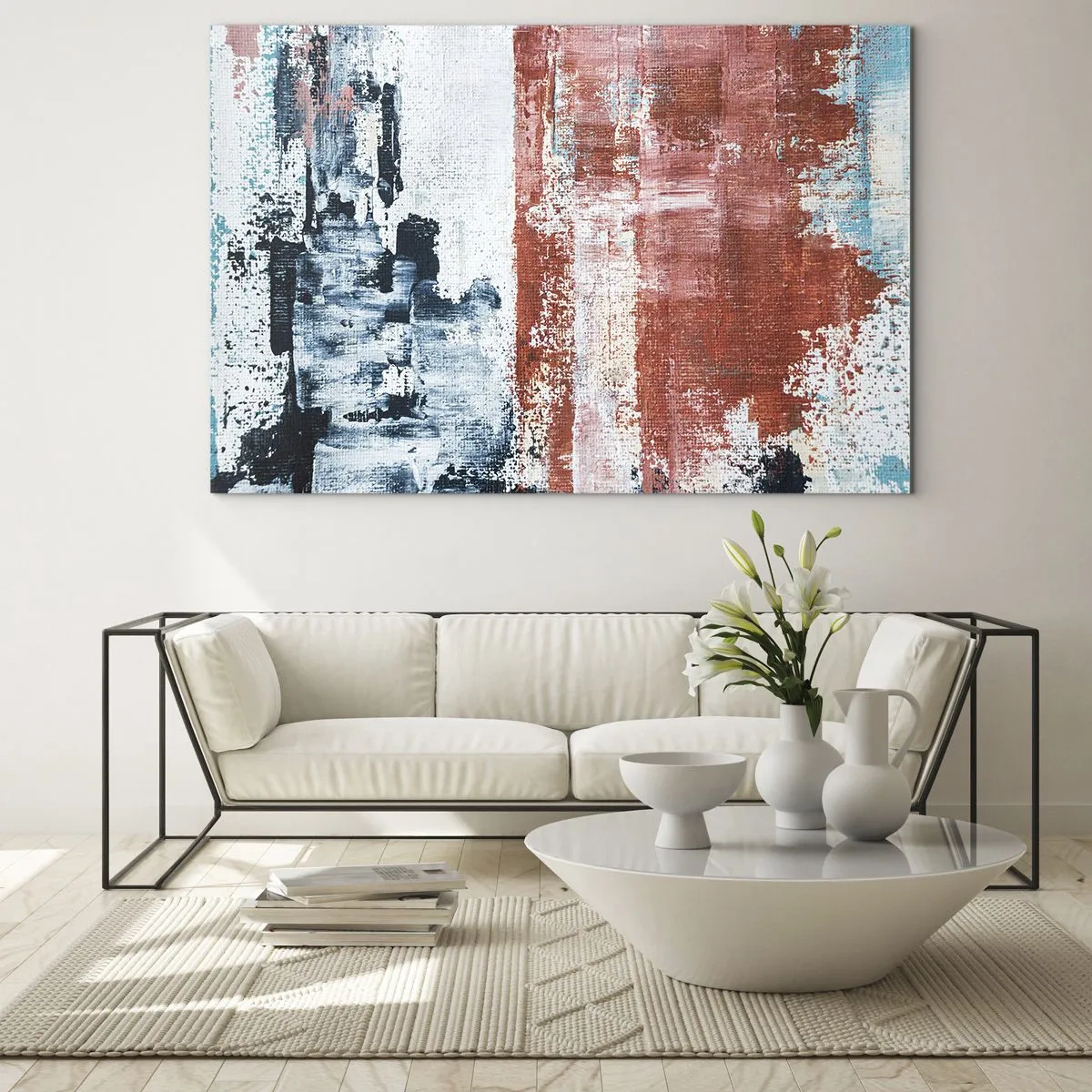 Billede på glas - En abstrakt kombination af blå og rustrød - 70x50cm - Abstrakt halvt og halvt - Moderne vægdekoration til stue og soveværelse ARTTOR