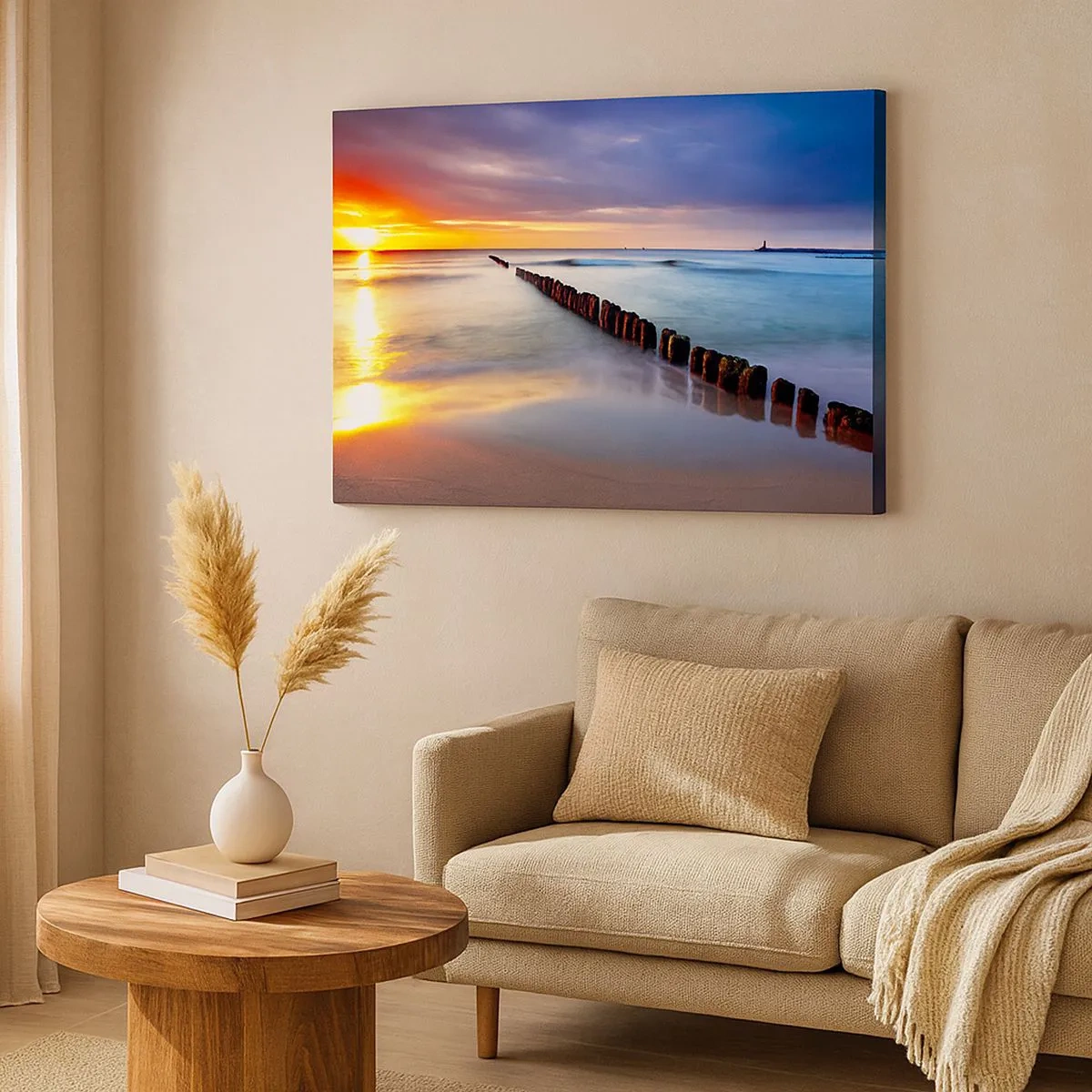 Lærredstryk - Billede på lærred - Solnedgang over havet med en bølgebryder i forgrunden - 70x50cm - Lyt til stilheden - Moderne vægdekoration til stue og soveværelse ARTTOR