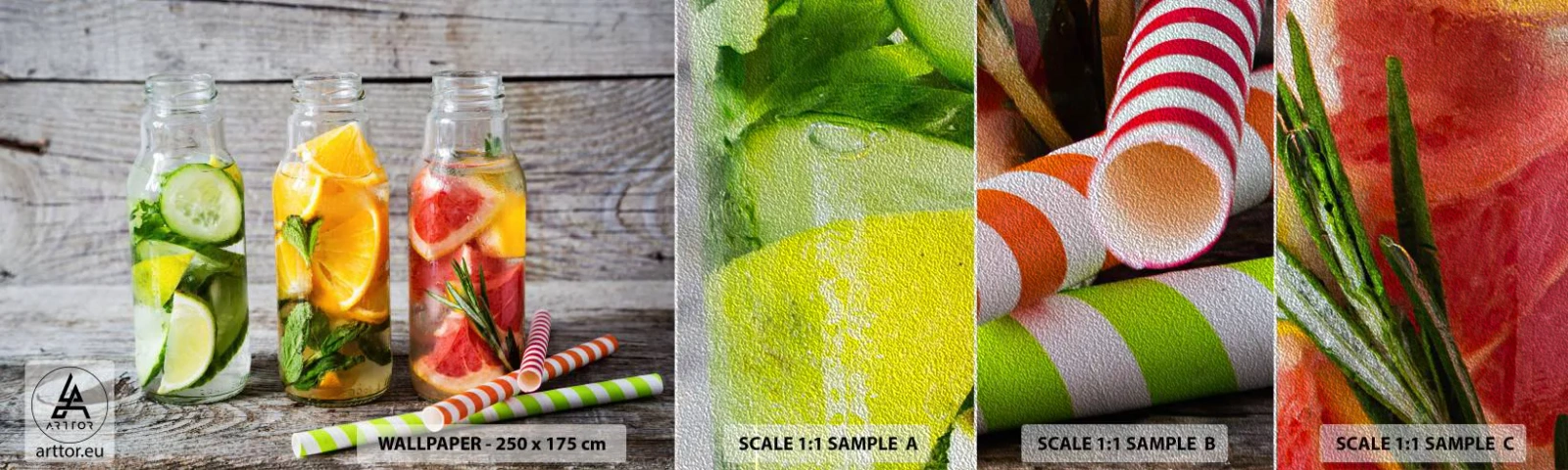 Prøve Fototapet Premium Sand - Sund af natur - Gastronomi, Frugtig drik, Frugt - 100x30 cm