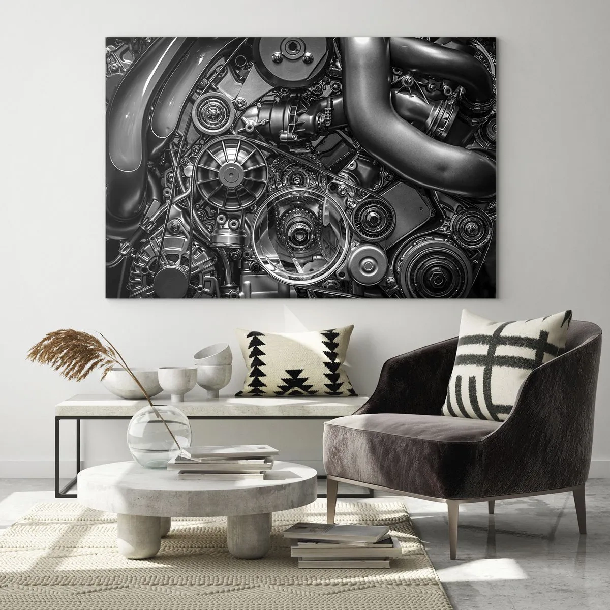 Billede på glas - Detalje af en sort-hvid motor med synlige mekanismer - 70x50cm - Mekanikkens poesi - Moderne vægdekoration til stue og soveværelse ARTTOR