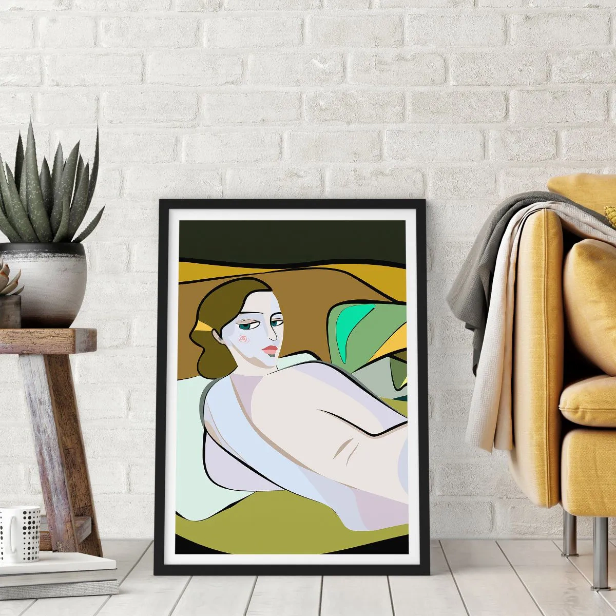 Plakat i sort ramme - En kvinde i abstrakt stil mod en grøn og brun baggrund - 50x70cm - Intimt portræt - Moderne vægdekoration til stue og soveværelse ARTTOR