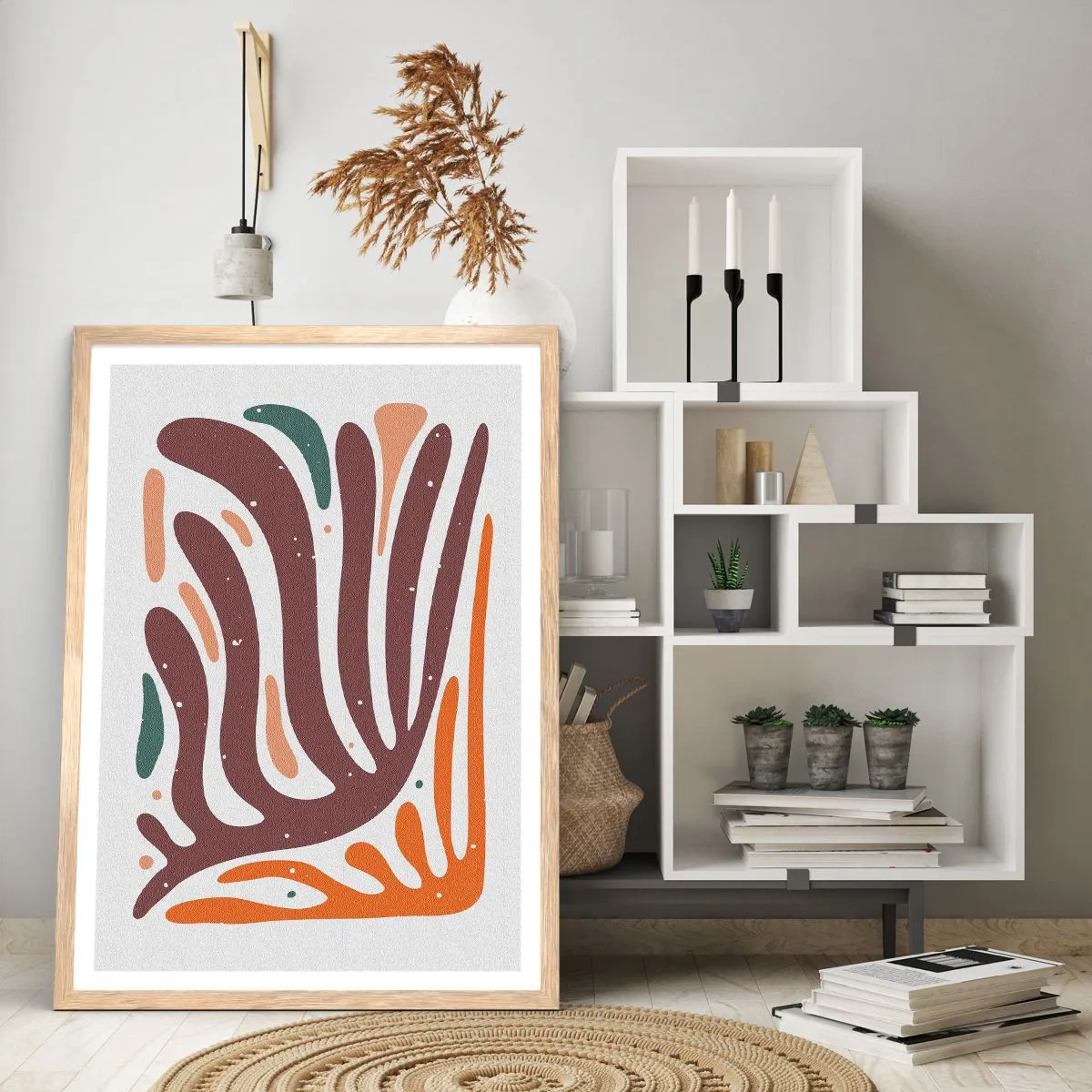 Plakat i ramme af lyst egetræ - Strålende organisk komposition - 30x40 cm