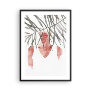 Plakat i sort ramme - Akvarel silhuet af en kvinde skjult bag blade - 50x70cm - Tropernes dame - Moderne vægdekoration til stue og soveværelse ARTTOR