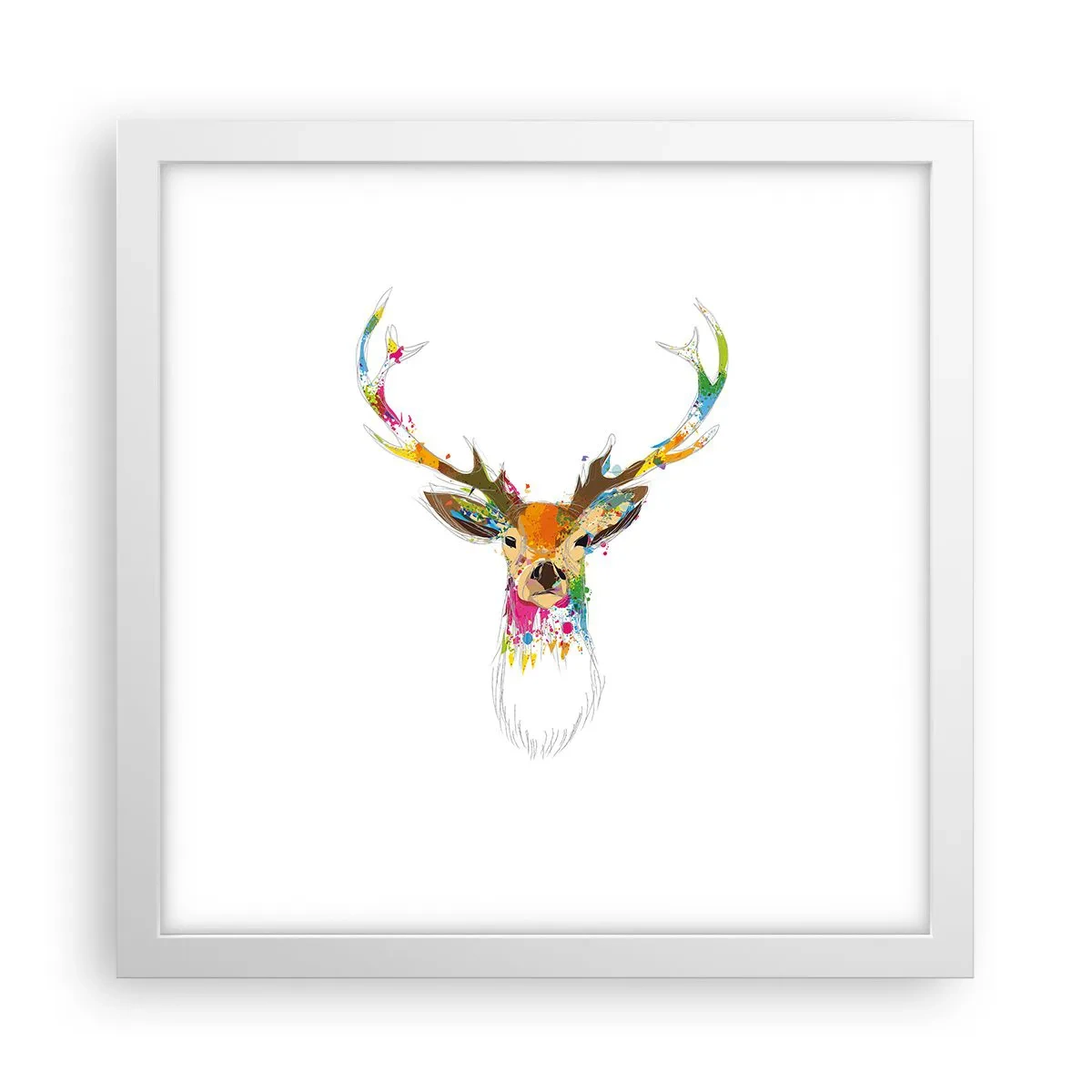 Plakat i hvid ramme - Blid kronhjort badet i farver - 30x30 cm