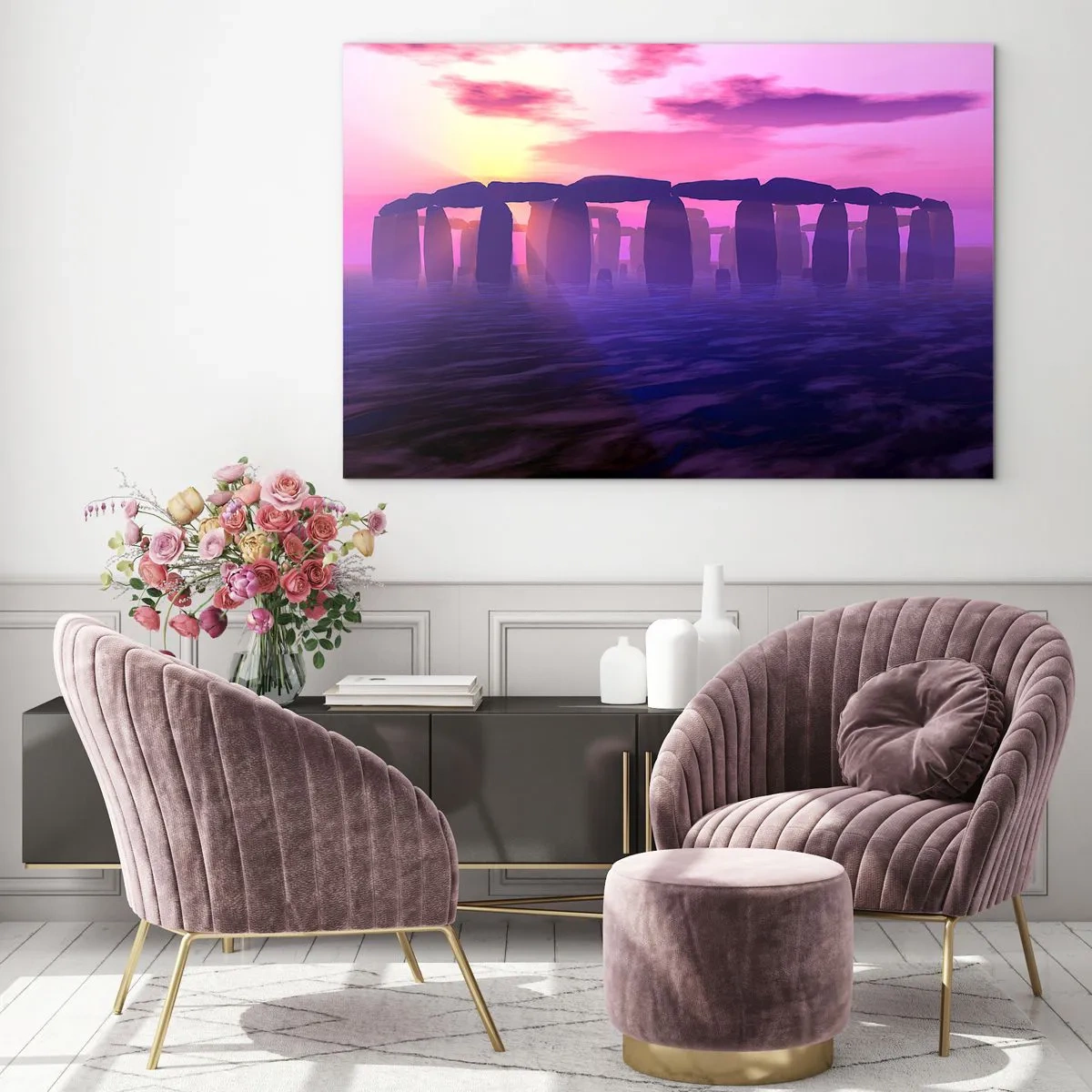 Billede på glas - Stonehenge i lyset af en lyserød solnedgang - 70x50cm - Mystik ved daggry i tågen - Moderne vægdekoration til stue og soveværelse ARTTOR