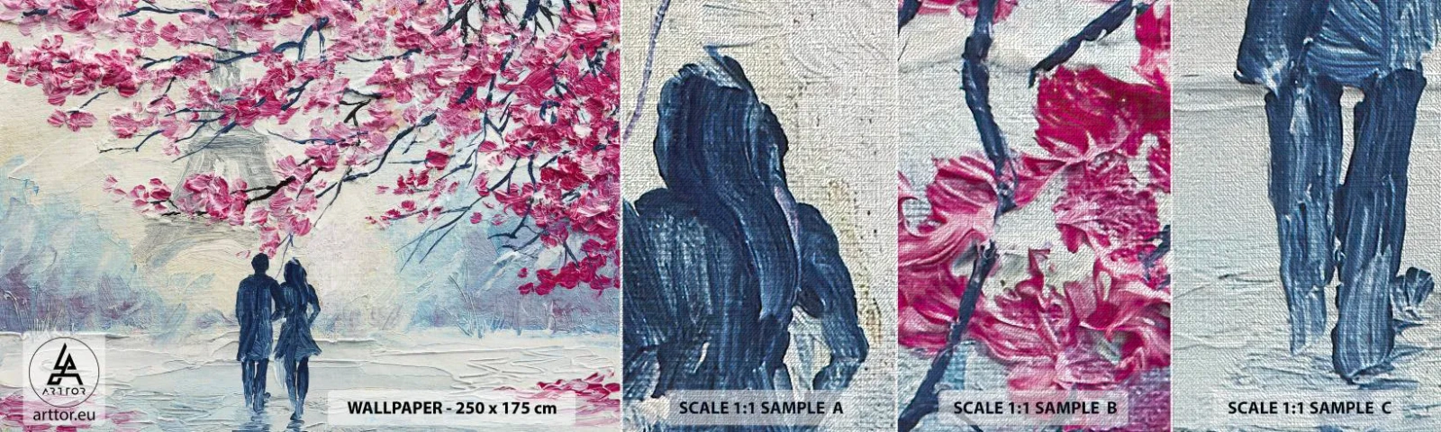 Prøve Fototapet Premium Canvas - Romantisk gåtur - Paris, Eiffeltårnet, Forelsket par - 100x30 cm