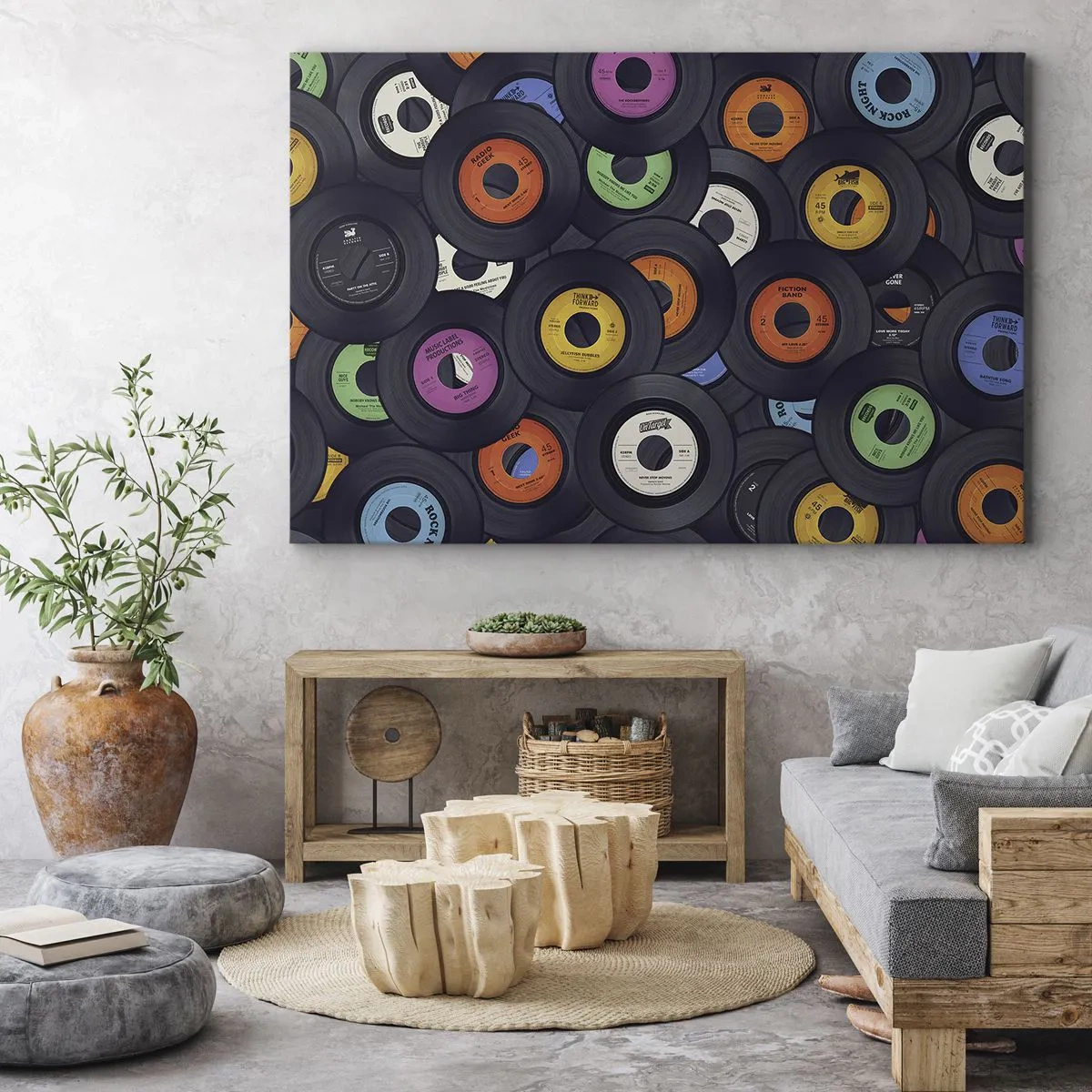 Lærredstryk - Billede på lærred - Farverige vinylplader stablet oven på hinanden - 70x50cm - Farver fra klassikerne - Moderne vægdekoration til stue og soveværelse ARTTOR