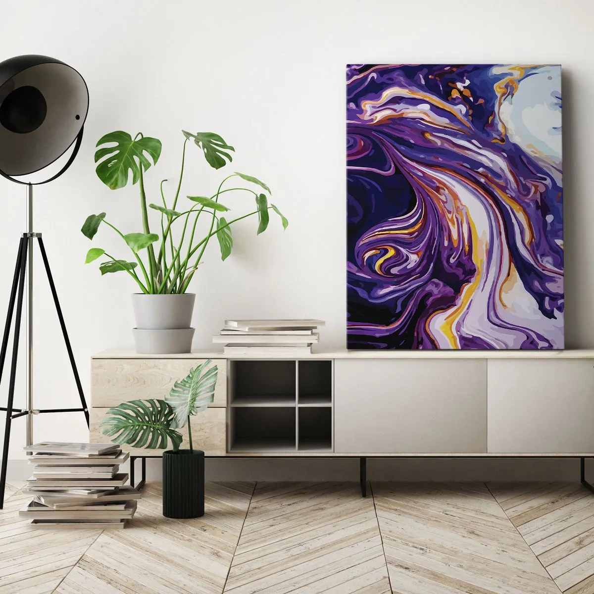 Lærredstryk - Billede på lærred - Rummets bøjning i lilla - 50x70 cm