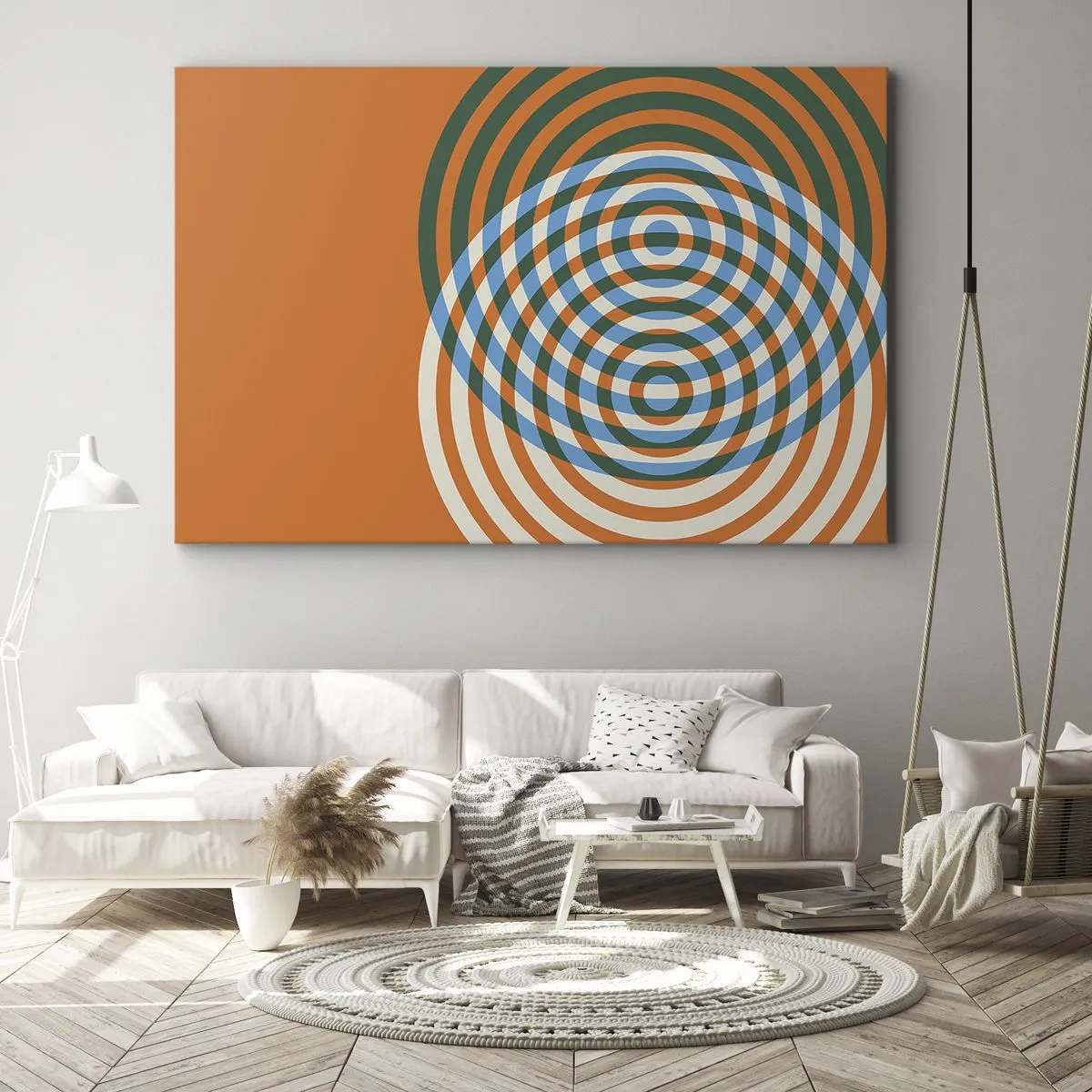 Lærredstryk - Billede på lærred - Koncentriske cirkler på en orange baggrund - 70x50cm - Abstrakt cirkulær variation - Moderne vægdekoration til stue og soveværelse ARTTOR