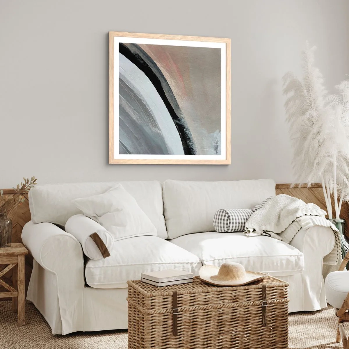 Plakat i ramme af lyst egetræ - Komposition: en bue af sort og gråt - 50x50 cm