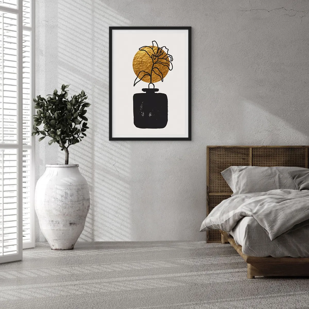 Plakat i sort ramme - Abstrakt komposition med en blomst og en gylden cirkel - 50x70cm - Skønhed i balance - Moderne vægdekoration til stue og soveværelse ARTTOR