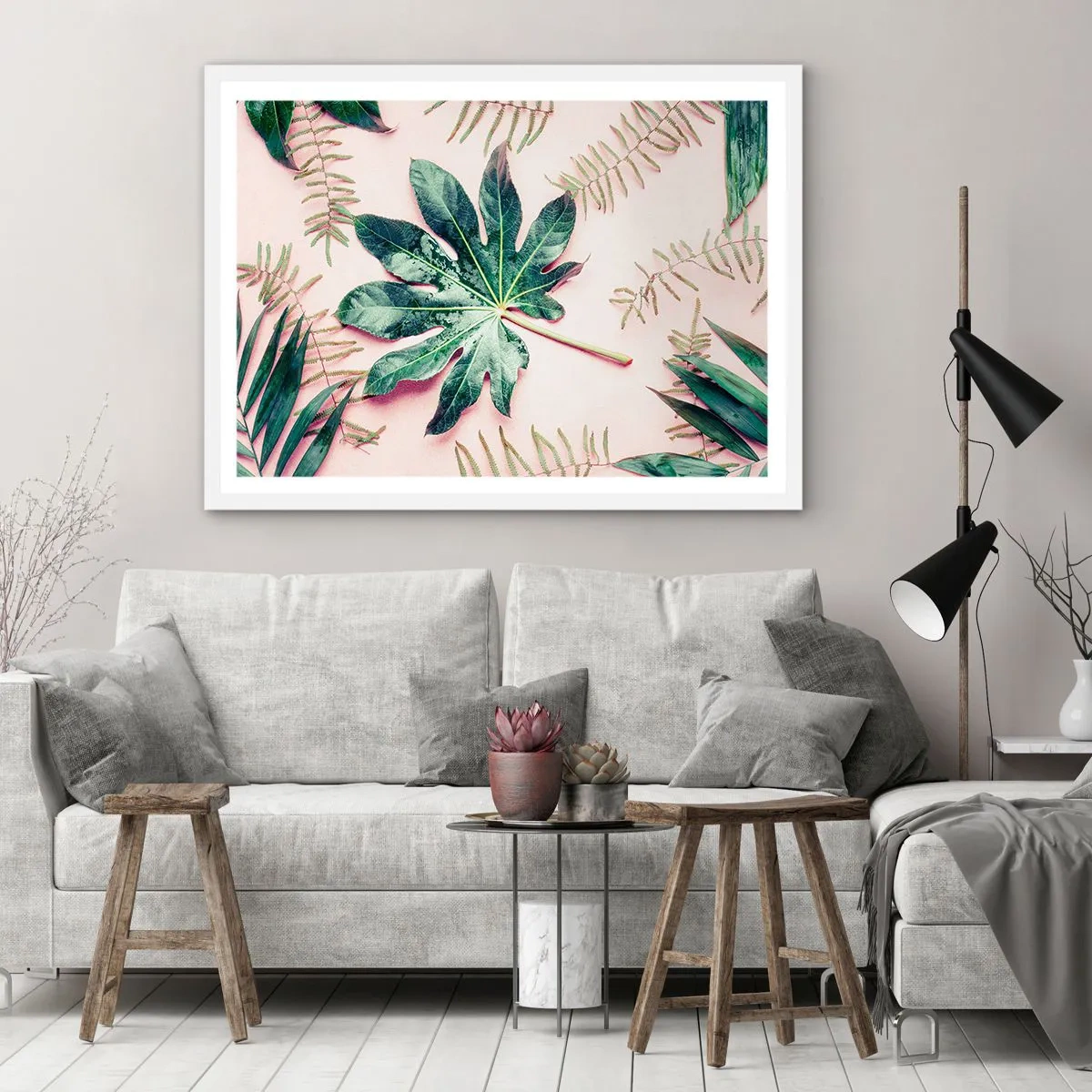 Plakat i hvid ramme - En undersøgelse af grønt på en lyserød baggrund - 50x40 cm