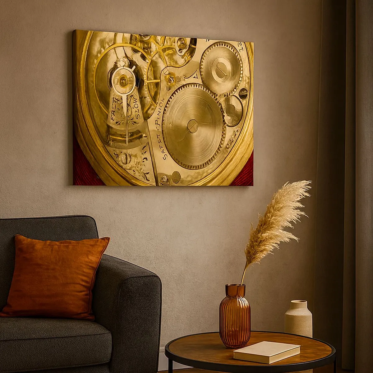 Lærredstryk - Billede på lærred - Urmekanisme med synlige gear og detaljer - 70x50cm - Følg med tiden - Moderne vægdekoration til stue og soveværelse ARTTOR