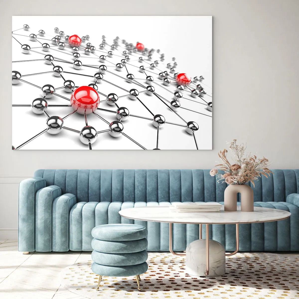 Billede på glas - Sølvfarvet molekylært netværk med røde accenter - 70x50cm - Sølvnet - Moderne vægdekoration til stue og soveværelse ARTTOR