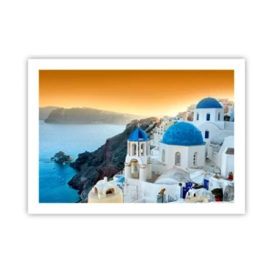Plakat - Santorini - omfavnet af klipperne - 70x50 cm