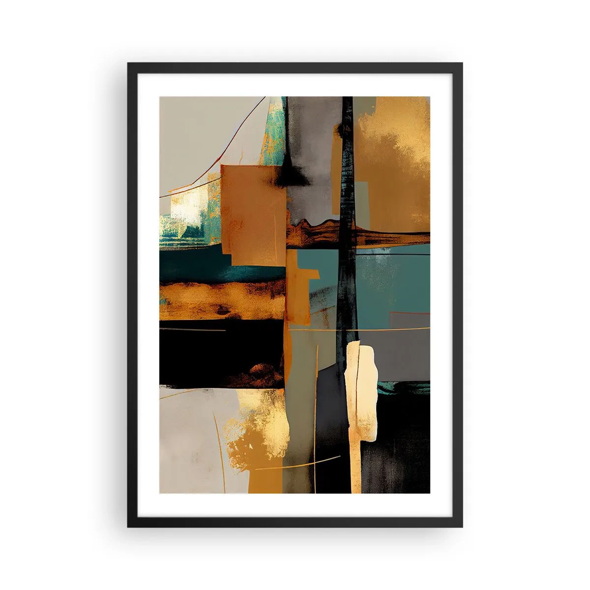 Plakat i sort ramme - En abstrakt komposition i nuancer af guld og turkis - 50x70cm - Abstraktion - lys og skygge - Moderne vægdekoration til stue og soveværelse ARTTOR