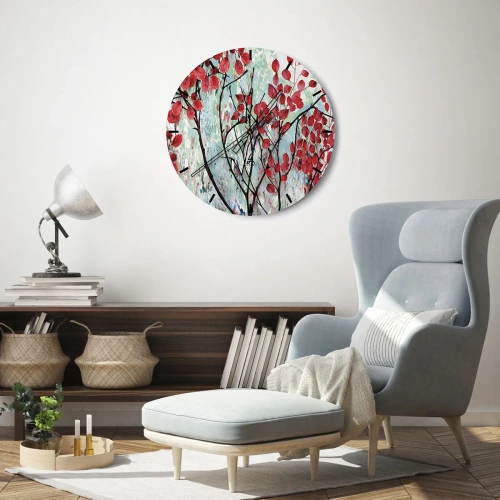 Vægur, Uret - Grene med røde blade på en malet baggrund - 30x30cm - Træ i skarlagenrødt - Moderne vægdekoration til stue, køkken og soveværelse ARTTOR