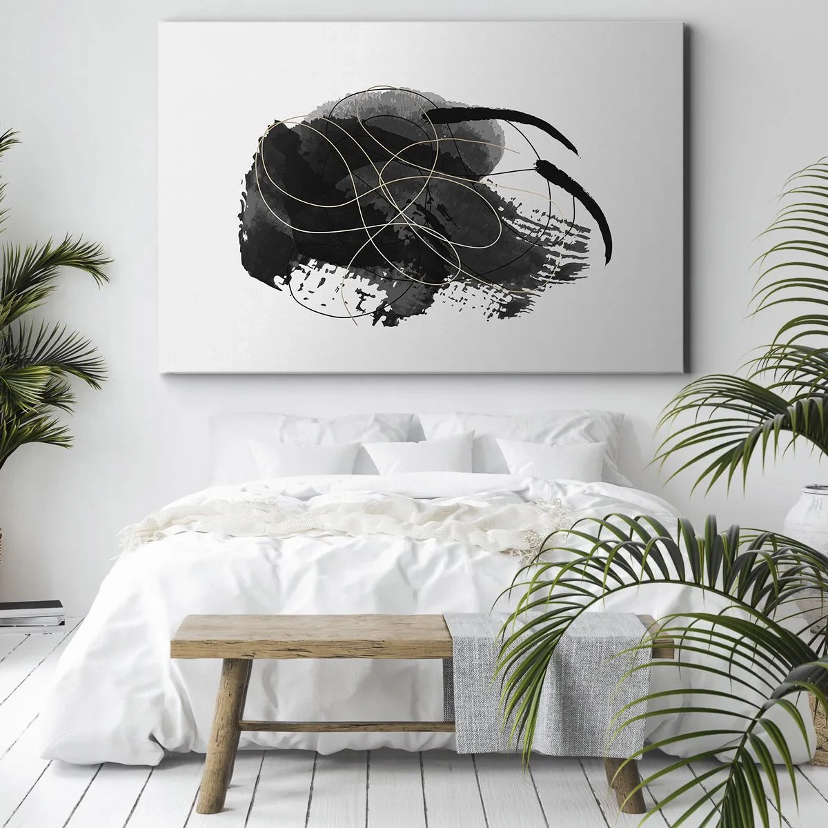 Lærredstryk - Billede på lærred - Abstraktion i sort og guld på en hvid baggrund - 70x50cm - Kom frem fra det sorte - Moderne vægdekoration til stue og soveværelse ARTTOR