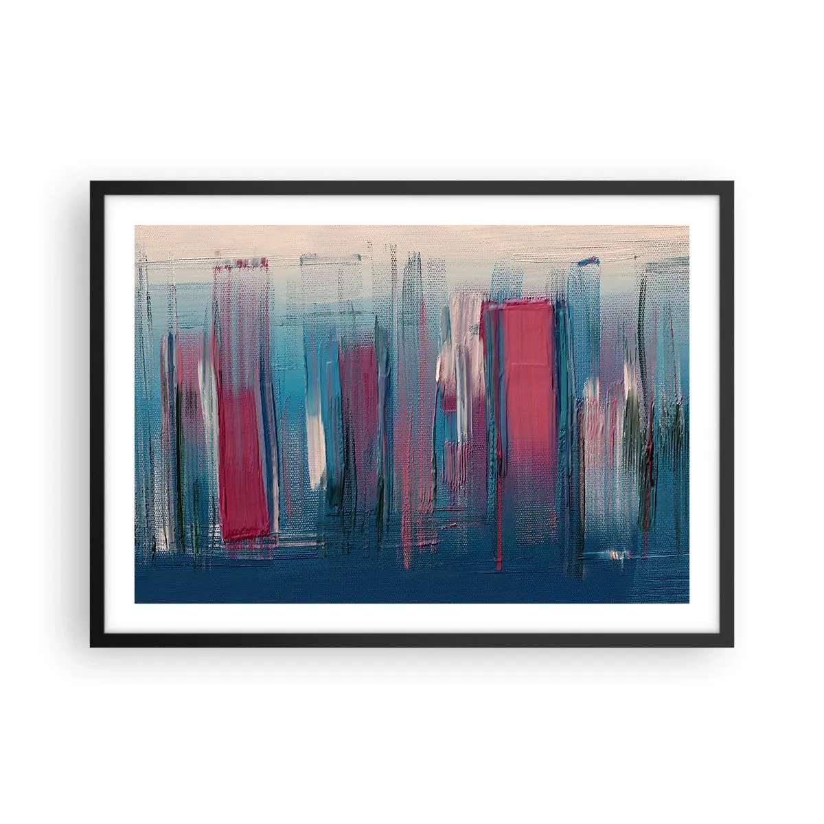 Plakat i sort ramme - Lodret komposition i blåt og rødt - 70x50 cm