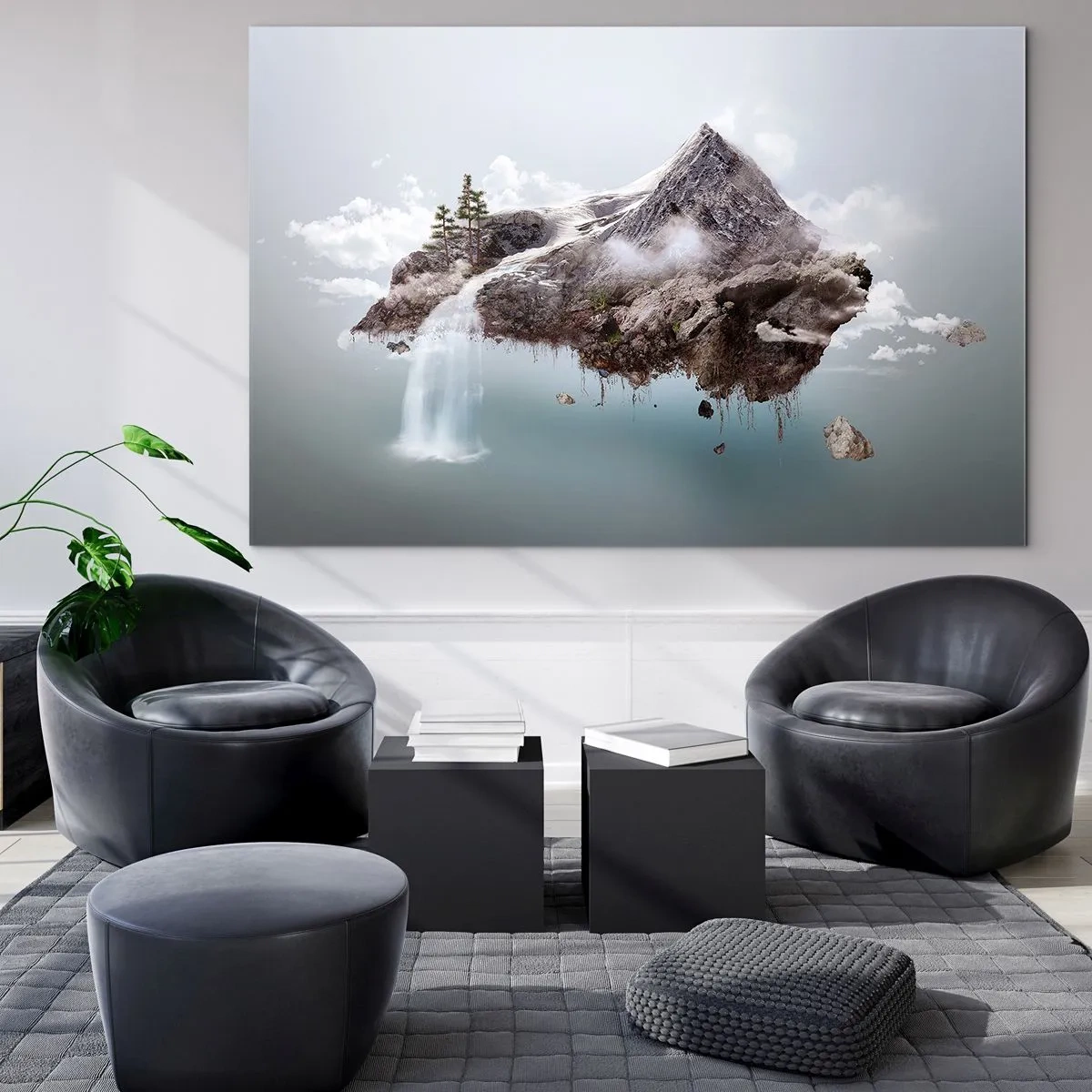 Billede på glas - En flydende bjergø med et vandfald i surrealistisk stil. - 70x50cm - Set gennem en surrealists øjne - Moderne vægdekoration til stue og soveværelse ARTTOR