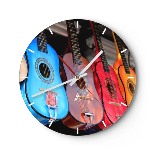 Vægur, Uret - Farverige guitarer i forskellige nuancer på en mørk baggrund - 30x30cm - Latino vibes - Moderne vægdekoration til stue, køkken og soveværelse ARTTOR