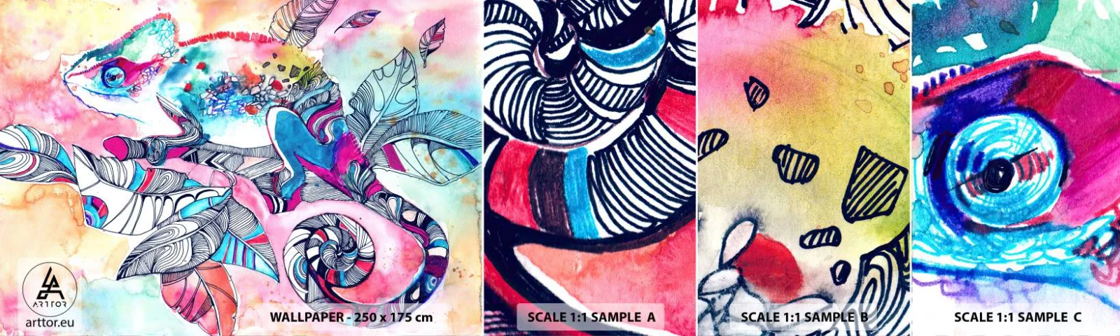 Prøve Fototapet Selvklæbende Deluxe Sticker - Lige så farverig som vores verden - Kamæleon, Abstraktion, Natur - 100x30 cm