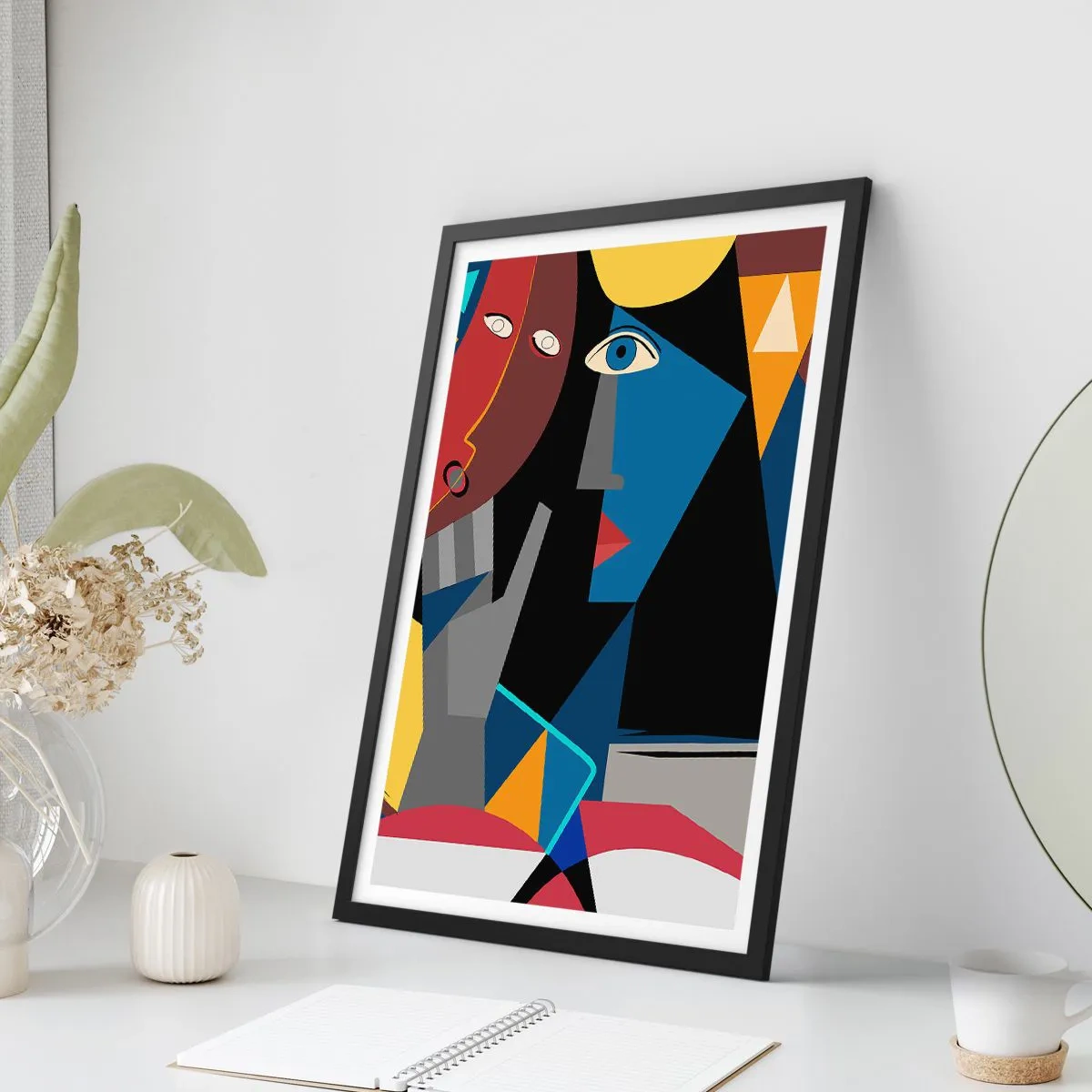 Plakat i sort ramme - Kubistisk abstraktion af et ansigt i levende farver - 50x70cm - Kubistisk samtale - Moderne vægdekoration til stue og soveværelse ARTTOR