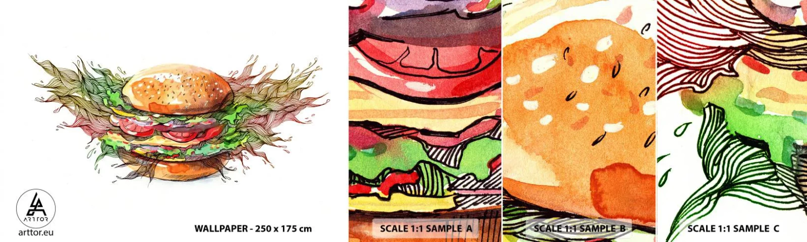 Prøve Fototapet Selvklæbende Deluxe Sticker - Varm fristelse - Gastronomi, Hamburger, Kulinarisk - 100x30 cm