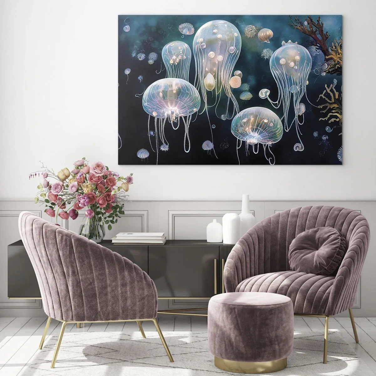 Billede på glas - Vandmænd i den lysende dans i undervandsverdenen - 70x50cm - Undervandsbold - Moderne vægdekoration til stue og soveværelse ARTTOR